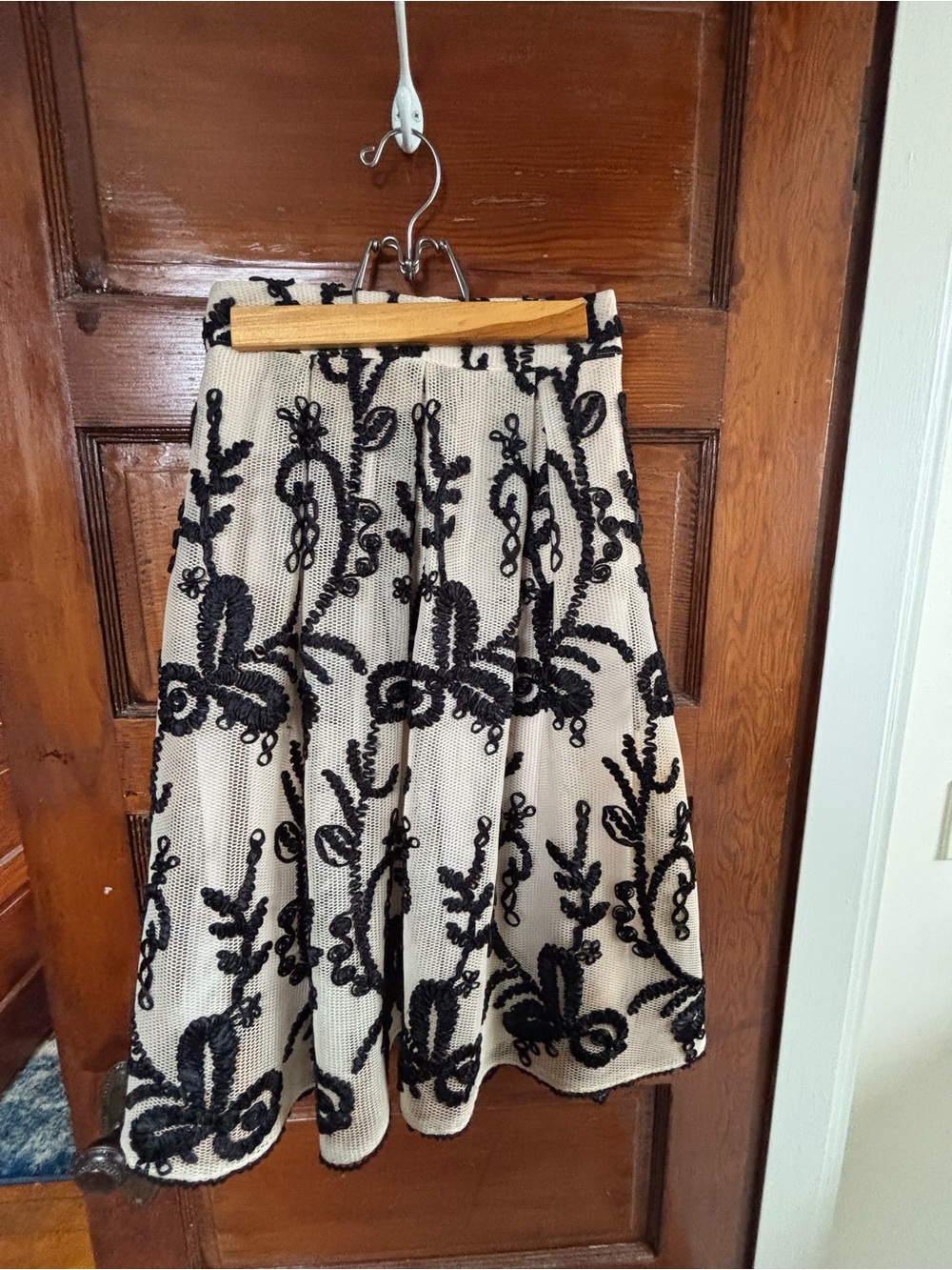 Cream A-Line Skirt with Black Embroidered Floral Detail